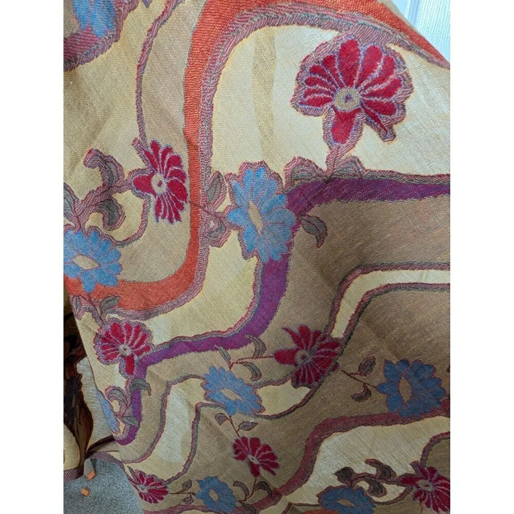 100% Pure New Wool Floral Scarf Beige Fringe Boho Rectangle Lightweight